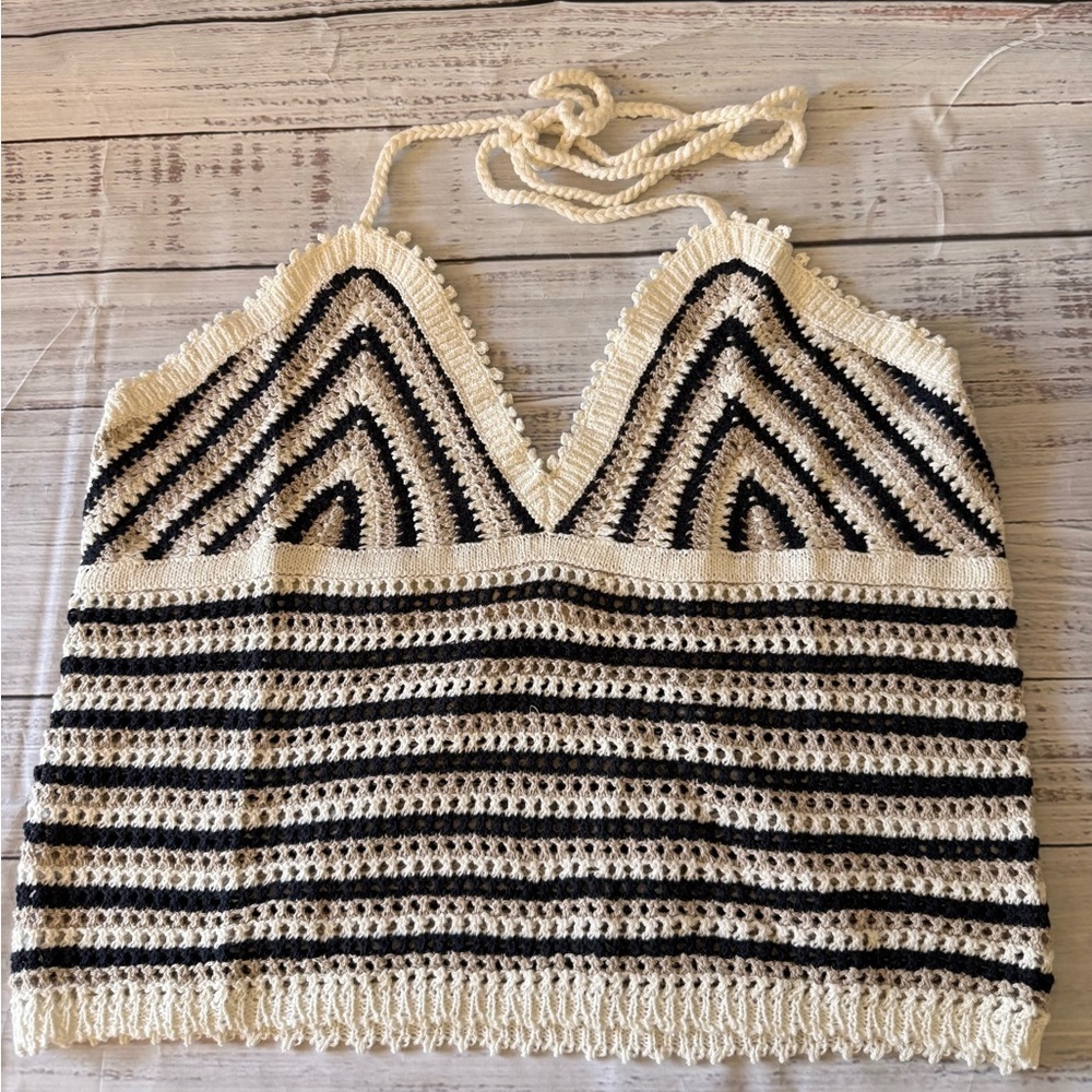Marine Layer Mia Crochet Tank Halter Crop Top XL Neutral Stripe Festival Boho